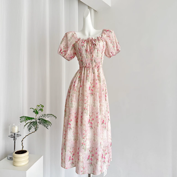 A line Strapless Short Sleeves Pink Floral Dress Long Holiday Dresses SD283